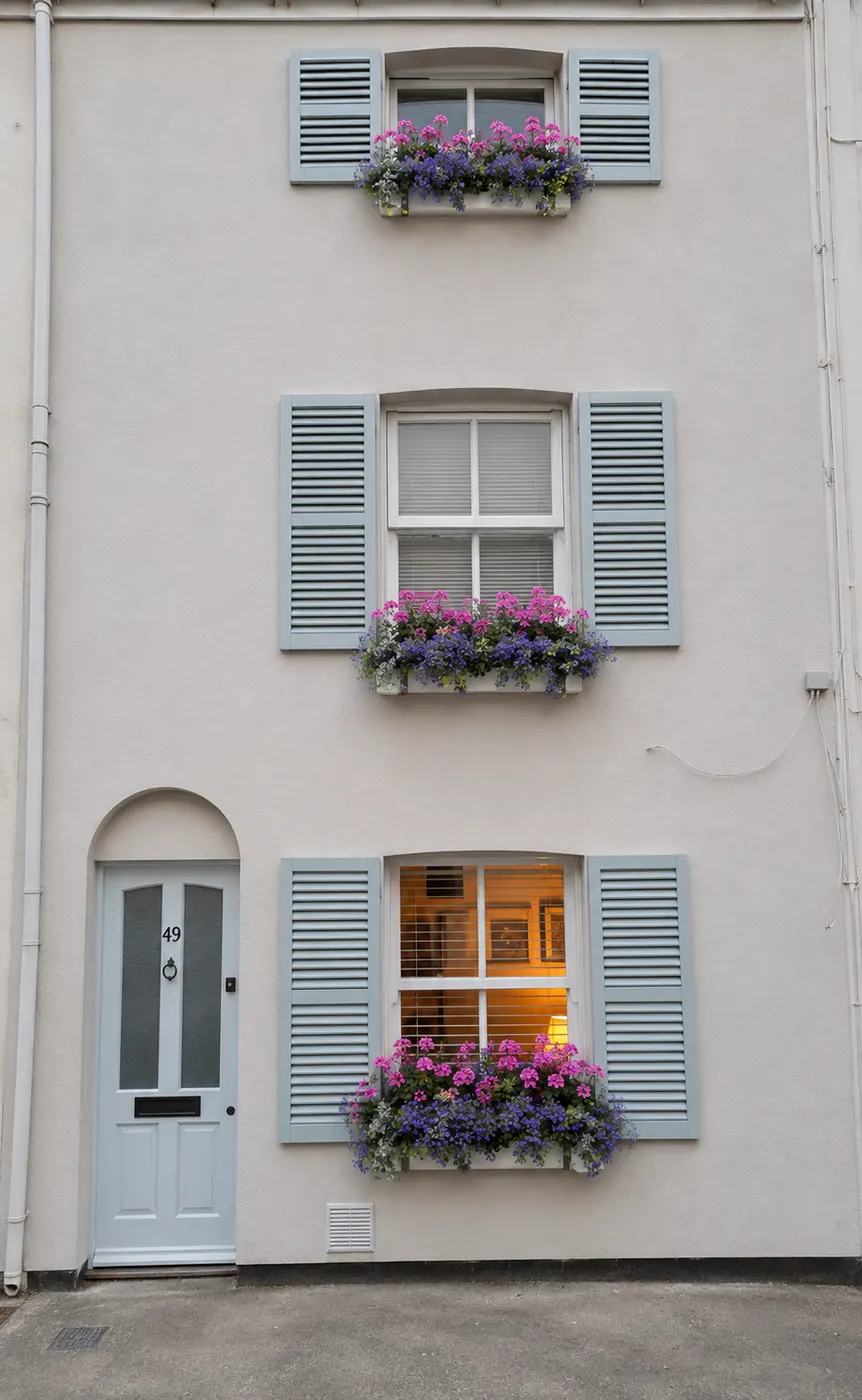 Exterior of The Brighton Hideaway with blue shutters and flower-filled window boxes